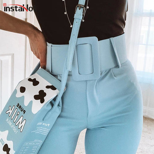 InstaHot Casual High Waist Pencil Pants Women Belt Ankle Length Office Lady Pants Blue Zipper Suit Trousers Straight Leg Sashes